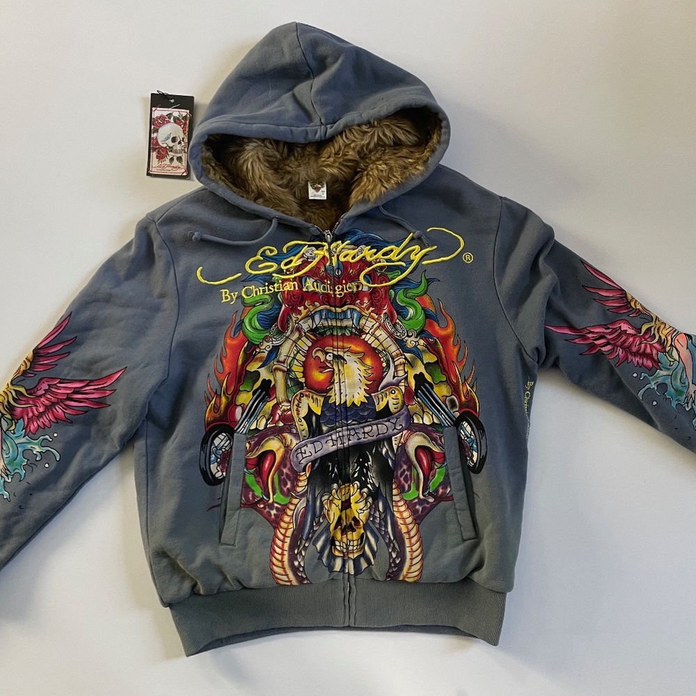 ED HARDY by Christian Audigier, faux fur-lined, zip-up Hoodie, unisex, Size S
